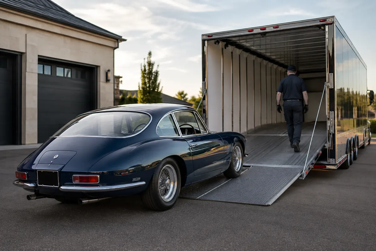 Premium vehicle being prepared for enclosed auto transport