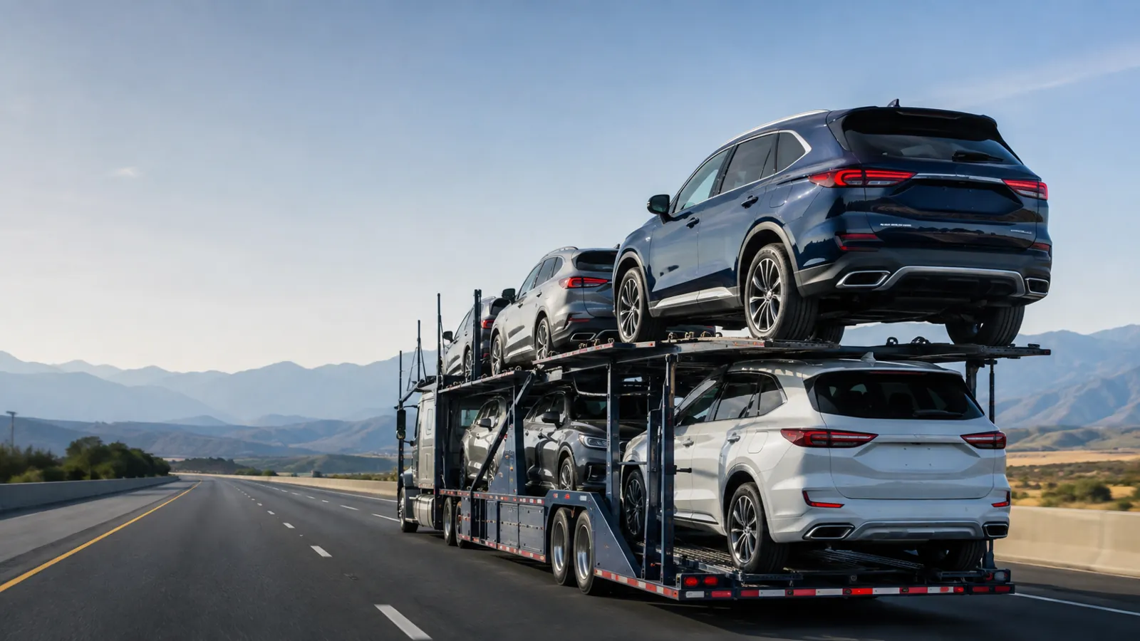 Vehicles on a professional car carrier traveling an American interstate