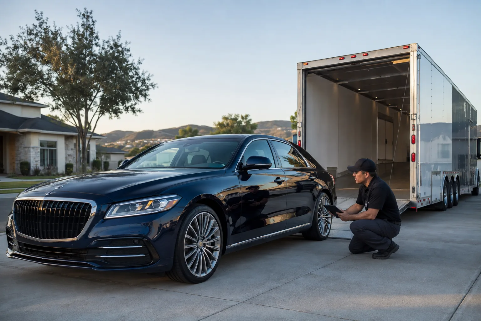 Transport specialist inspecting a luxury sedan beside an enclosed carrier